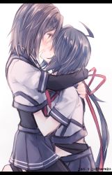 Rule 34 | 10s, 2015, 2girls, ahoge, bandages, black hair, black legwear, blush, bodysuit, brown eyes, brown hair, dated, elbow gloves, french kiss, furutaka (kancolle), gloves, hair ornament, hairclip, hand under clothes, hand under shirt, hug, kabocha torute, kako (kancolle), kantai collection, kiss, letterboxed, long hair, looking at another, messy hair, miniskirt, multiple girls, neckerchief, parted bangs, pleated skirt, profile, school uniform, serafuku, shirt, short hair, simple background, single elbow glove, single thighhigh, sitting, sitting on person, skirt, striped, striped background, thighhighs, tongue, tongue out, yuri