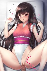 Rule 34 | 1boy, 1girl, alternate costume, azure-maya, bare shoulders, barefoot, bed, belt, black hair, blush, breasts, clothed sex, clothing aside, frills, heart, highres, houraisan kaguya, long hair, looking at viewer, lying, medium breasts, missionary, on back, one-piece swimsuit, open mouth, penis, pillow, pink belt, pink one-piece swimsuit, pov, pussy, red eyes, sex, smile, spread legs, swimsuit, touhou, touhou tag dream, vaginal, white one-piece swimsuit