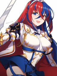 Rule 34 | 1girl, alear (female) (fire emblem), alear (fire emblem), blue eyes, blue hair, bow, bowtie, braid, breasts, cape, crossed bangs, crown braid, fire emblem, fire emblem engage, garter straps, heterochromia, highres, holding, holding weapon, liberation (fire emblem), long hair, looking at viewer, medium breasts, multicolored hair, necktie, nintendo, open mouth, peach11 01, red cape, red eyes, red hair, short shorts, shorts, signature, skirt, smile, solo, sword, thighs, tiara, very long hair, weapon, white bow