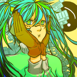 Rule 34 | 1girl, crazy eyes, face, female focus, gloves, hands on own cheeks, hands on own face, hatsune miku, long hair, matryoshka (vocaloid), mogami kawa, multicolored hair, solo, twintails, vocaloid