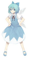 Rule 34 | 1girl, blue eyes, blue hair, cirno, dress, female focus, full body, hands on own hips, harano, matching hair/eyes, simple background, solo, touhou, white background, wings