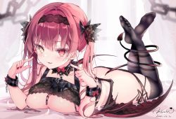 Rule 34 | 1girl, armband, bad id, bad twitter id, black thighhighs, bow, breasts, chain, demon tail, feet up, hair bow, hairband, heterochromia, hololive, houshou marine, lingerie, long hair, looking at viewer, lying, medium breasts, muzin chan, on stomach, open mouth, pointing, pointing at self, red eyes, red hair, solo, tail, thighhighs, underwear, virtual youtuber, yellow eyes