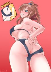 Rule 34 | 1girl, anus, anus only, anus peek, ass, ass cutout, back, backless panties, bikini, black bikini, blue eyes, blush, breasts, brown hair, clothing cutout, commentary request, from behind, gradient background, grin, highres, kantai collection, large breasts, long hair, looking at viewer, looking back, mrdotd, panties, partially visible anus, partially visible vulva, saratoga (kancolle), smile, solo, swimsuit, thong, underboob, underwear