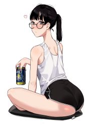 Rule 34 | 1girl, absurdres, alcohol, ass, bare shoulders, beer, beer can, black eyes, black hair, black shorts, blush, can, commentary request, drink can, fffukuzawa, from behind, glasses, heart, highres, holding, holding can, lone nape hair, looking at viewer, medium hair, on pillow, original, ponytail, round eyewear, short shorts, shorts, shoulder blades, simple background, sitting, solo, tank top, thighs, white background, white tank top