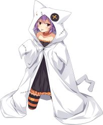 Rule 34 | 1girl, cloak, collarbone, full body, halloween, halloween costume, hood, hooded cloak, kantai collection, kneeling, long sleeves, off shoulder, official alternate costume, official art, purple hair, red eyes, short hair, solo, striped clothes, striped thighhighs, tama (kancolle), thighhighs, tongue, tongue out, transparent background, ugume, white cloak