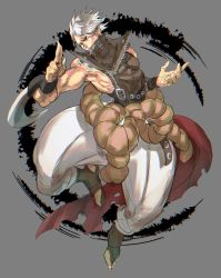 Rule 34 | 1boy, arm blade, bare shoulders, belt, blade, chipp zanuff, unworn earring, grey background, guilty gear, guilty gear strive, hand gesture, highres, male focus, muscular, open mouth, puffy pants, red eyes, solo, teeth, torn clothes, turtleneck, upper teeth only, weapon, white hair, yohane shimizu, zipper pull tab