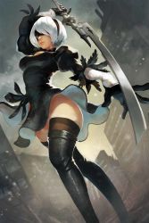 Rule 34 | 1girl, absurdres, arm up, black dress, black footwear, blindfold, boots, breasts, building, closed mouth, day, dress, dutch angle, from below, from side, hairband, highres, holding, holding sword, holding weapon, knee boots, medium breasts, mole, mole under mouth, nier (series), nier:automata, outdoors, outstretched arm, saku (sakudeji), short hair, solo, standing, sword, weapon, white hair, 2b (nier:automata)