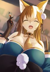 Rule 34 | 1girl, ^ ^, animal ears, black gloves, breasts, brush, closed eyes, dog ears, fang, genshin impact, gloves, hair ornament, highres, hina (genshin impact), large breasts, light brown hair, long hair, long sleeves, looking at viewer, makino, open mouth, paw print, solo, upper body