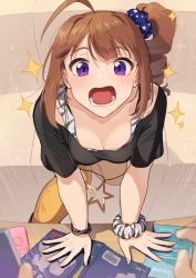 Rule 34 | 1girl, ahoge, arm support, black shirt, blue scrunchie, blush, bracelet, breasts, brown hair, cleavage, commentary, downblouse, drill hair, emphasis lines, grey shirt, hair ornament, hair scrunchie, idolmaster, idolmaster million live!, jaw drop, jewelry, kamille (vcx68), leaning forward, looking at viewer, medium breasts, medium hair, necklace, open mouth, orange pants, pants, pov, print scrunchie, purple eyes, scrunchie, shirt, shirt straps, short sleeves, side drill, side ponytail, sparkle, star (symbol), star necklace, star print, t-shirt, wrist scrunchie, yokoyama nao