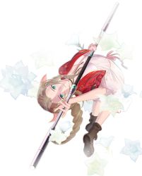 Rule 34 | 1girl, aerith gainsborough, arched back, boots, braid, braided ponytail, breasts, brown footwear, brown hair, choker, cofffee, cropped jacket, dress, final fantasy, final fantasy vii, final fantasy vii remake, floral background, flower, full body, green eyes, hair ribbon, highres, holding, holding staff, jacket, long dress, long hair, looking at viewer, materia, medium breasts, parted bangs, pink dress, pink ribbon, red jacket, ribbon, ribbon choker, short sleeves, sidelocks, simple background, solo, staff, white background