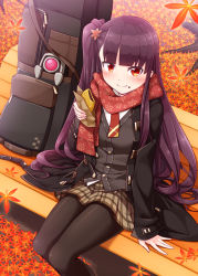 Rule 34 | 1girl, arm support, autumn leaves, bench, black coat, black pantyhose, blush, brown skirt, closed mouth, coat, commentary request, feet out of frame, food, food on face, girls&#039; frontline, grey vest, harada (sansei rain), highres, holding, holding food, long hair, long sleeves, looking at viewer, official alternate costume, on bench, one side up, open clothes, open coat, pantyhose, park bench, plaid, plaid skirt, pleated skirt, purple hair, red eyes, red scarf, scarf, shirt, sitting, skirt, sleeves past wrists, smile, solo, taiyaki, very long hair, vest, wa2000 (date in the snow) (girls&#039; frontline), wa2000 (girls&#039; frontline), wagashi, white shirt