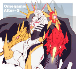 Rule 34 | 1boy, absurdres, armor, blue eyes, cannon, cape, character name, commentary, digimon, digimon (creature), digimon adventure: (2020), extra eyes, highres, horns, kive, omegamon alter-s, pink eyes, solo, spikes, sword, weapon, yellow eyes