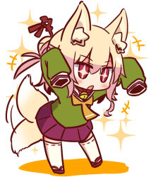 Rule 34 | +++, + +, 1girl, afterimage, animal ear fluff, animal ears, arms up, bell, blonde hair, blush, brown collar, collar, fox ears, fox girl, fox tail, full body, green shirt, hair between eyes, hair bun, hair ornament, jingle bell, kemomimi-chan (naga u), long sleeves, naga u, neck bell, orange neckwear, original, parted lips, pleated skirt, purple skirt, red eyes, red footwear, ribbon-trimmed legwear, ribbon trim, shadow, shirt, sidelocks, single hair bun, skirt, sleeves past fingers, sleeves past wrists, solo, sparkle, standing, tail, tail wagging, thighhighs, white background, white thighhighs