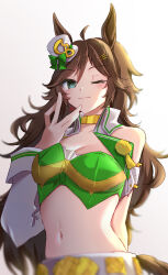 Rule 34 | 1girl, absurdres, ahoge, animal ears, arm strap, bare shoulders, blue eyes, bow, breasts, brown hair, choker, cleavage, commentary request, crop top, gradient background, green bow, green shirt, grey background, hand up, hat, hat bow, highres, horse ears, jacket, long hair, long sleeves, looking at viewer, medium breasts, midriff, mini hat, mini top hat, mr. c.b. (umamusume), navel, nekokuro (geja5355), one eye closed, open clothes, open jacket, shirt, single sleeve, solo, stomach, strapless, strapless shirt, top hat, umamusume, upper body, very long hair, white background, white hat, white jacket, yellow choker