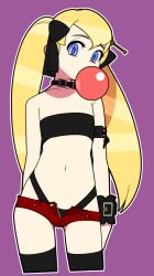 Rule 34 | 1girl, arm behind back, arm strap, bandeau, black choker, black panties, black ribbon, black thighhighs, blue eyes, blowing bubbles, chewing gum, choker, covenanter (kehotank), covenanter (tank) (personification), cowboy shot, flat chest, frilled cuffs, hair ribbon, headgear, highleg, highleg panties, looking at viewer, micro shorts, navel, open fly, original, outline, panties, purple background, red shirt, revealing clothes, ribbon, shirt, shorts, simple background, solo, soumu (kehotank), standing, thighhighs, twintails, underwear, white outline