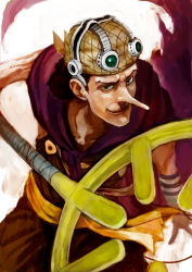Rule 34 | 1boy, armband, bandana, black eyes, brown hair, cape, goggles, lack, long nose, male focus, one piece, overalls, realistic, sash, slingshot (weapon), solo, usopp