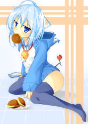 Rule 34 | 1boy, bell, beritabo, blue eyes, blue hair, bottomless, crossdressing, doraemon, doraemon (character), dorayaki, food, food in mouth, hood, hoodie, looking at viewer, male focus, matching hair/eyes, on floor, personification, solo, tail, thighhighs, trap, wagashi