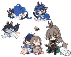 Rule 34 | berry, bird, blue eyes, blue hair, brown eyes, brown hair, cat girl, dog, eus ing, feather hair ornament, feathers, hair intakes, hair ornament, hololive, hololive english, long hair, multicolored hair, multiple girls, nanashi mumei, nanashi mumei (1st costume), ouro kronii, owl, ponytail, scarf, shared clothes, shared scarf, shirt, short hair, streaked hair, tail, virtual youtuber, white background, yarn, yarn ball