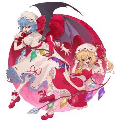 2girls absurdres ascot back_bow bat_wings black_wings blue_hair bobby_socks bow bow_legwear center_frills commentary crystal crystal_wings fang fingernails firran0830 flandre_scarlet frilled_cuffs frilled_shirt_collar frilled_skirt frilled_sleeves frilled_socks frills full_body hand_up hands_up hat hat_bow highres long_hair looking_at_viewer mary_janes mob_cap moon multiple_girls open_mouth puffy_short_sleeves puffy_sleeves red_bow red_eyes red_footwear red_moon red_nails red_ribbon red_skirt red_vest remilia_scarlet ribbon ribbon-trimmed_skirt ribbon_trim sharp_fingernails shirt shoes short_hair short_sleeves siblings side_ponytail sisters skirt skirt_set sleeve_ribbon smile socks touhou vest white_background white_bow white_hat white_shirt white_skirt white_socks wings wrist_cuffs yellow_ascot