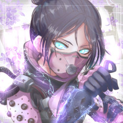 Rule 34 | 1girl, absurdres, animification, apex legends, bad id, bad pixiv id, black hair, blue eyes, bodysuit, cable, flower, gloves, glowing, glowing eyes, hair behind ear, hair bun, highres, holding, holding knife, kagamitsuka, knife, kunai, looking to the side, mask, mouth mask, parted bangs, pink mask, purple flower, single hair bun, solo, upper body, void specialist wraith, weapon, wraith (apex legends)