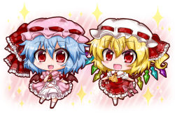Rule 34 | 2girls, :d, bad id, bad pixiv id, bat wings, blonde hair, blue hair, chibi, commentary request, flandre scarlet, hat, mob cap, multiple girls, noai nioshi, open mouth, red eyes, remilia scarlet, side ponytail, smile, sparkle, touhou, wings