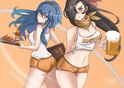 Rule 34 | 2girls, alcohol, ass, beer, beer mug, blue eyes, blue hair, blush, breasts, brown eyes, brown hair, chascoby, chicken (food), cleavage, commission, cowboy shot, cup, embarrassed, employee uniform, fire emblem, fire emblem awakening, fire emblem fates, food, hair between eyes, hair over one eye, highres, holding, hooters, hot sauce, kagero (fire emblem), large breasts, long hair, looking at viewer, lucina (fire emblem), mug, multiple girls, navel, nintendo, orange shorts, ponytail, scarf, short shorts, shorts, simple background, smile, tank top, thighs, uniform, yellow scarf