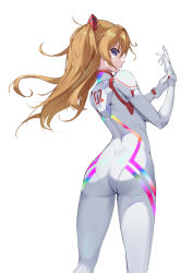 1girl, absurdres, artist request, ass, ass focus, blue eyes, bodysuit, breasts, brown hair, closed mouth, curvy, evangelion: 3.0+1.0 thrice upon a time, from behind, from below, gloves, gluteal fold, highres, long hair, looking at viewer, looking back, neon genesis evangelion, plugsuit, rebuild of evangelion, shiny, shiny clothes, shiny hair, simple background, skin tight, smile, solo, soryu asuka langley, two side up, white background, white bodysuit