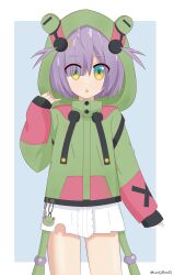 Rule 34 | 1girl, absurdres, artist name, blush, blush stickers, commission, eien project, eyebrows, eyelashes, frog, green eyes, hair between eyes, hair ornament, hairclip, highres, hood, hoodie, knee up, knees up, leafy bow, looking at viewer, nose, open mouth, purple hair, short hair, simple background, solo, thighhighs, virtual youtuber, x hair ornament, zumi dokumi