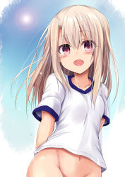 Rule 34 | 1girl, arms behind back, blue sky, blush, bottomless, commentary request, day, fate/kaleid liner prisma illya, fate (series), groin, gym shirt, gym uniform, hair between eyes, illyasviel von einzbern, long hair, looking at viewer, navel, no panties, no pants, open mouth, out-of-frame censoring, outdoors, red eyes, sen (astronomy), shirt, short sleeves, sky, smile, solo, standing, sun, sunlight, upper body, white hair, white shirt