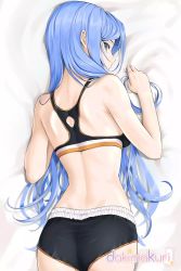 Rule 34 | 1girl, ass, bare arms, bare shoulders, bed sheet, black shorts, blue eyes, blue hair, breasts, chaesu, cleavage, commentary request, cowboy shot, crop top, hair between eyes, hand up, highres, long hair, looking at viewer, lying, midriff, bae minah (chaesu), on back, original, short shorts, shorts, small breasts, solo, sports bra, very long hair