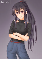 Rule 34 | 1girl, alternate costume, anti (untea9), belt, black hair, black sweater, blush, breasts, cowboy shot, crossed arms, denim, highres, jeans, kantai collection, long hair, looking at viewer, medium breasts, pants, ponytail, purple eyes, ribbed sweater, scrunchie, smile, solo, standing, sweater, twitter username, yahagi (kancolle)