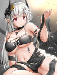 Rule 34 | 1girl, arknights, arm support, armlet, artist name, bare shoulders, bikini, black bikini, blush, breasts, cleavage, closed mouth, commentary request, dated, ear piercing, flower, hair flower, hair ornament, highres, horns, infection monitor (arknights), jewelry, large breasts, leaning back, long hair, looking at viewer, material growth, mudrock (arknights), mudrock (silent night) (arknights), navel, necklace, official alternate costume, oripathy lesion (arknights), piercing, pointy ears, purple eyes, sarong, signature, silver hair, simple background, sitting, solo, straight hair, sweat, swimsuit, underboob, very long hair, white background, yellow flower, yukinoshiro