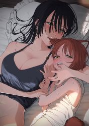 Rule 34 | 1boy, 1girl, absurdres, age difference, animal ears, arm grab, bad id, bad pixiv id, bare shoulders, bed, biting, black hair, blush, bottomless, breasts, brown hair, cleavage, collarbone, commentary request, ear biting, finger in another&#039;s mouth, frilled pillow, frills, green eyes, half-closed eyes, hetero, highres, indoors, large breasts, long hair, lying, noah (onna kishi to kemonomimi no ko), olivia (onna kishi to kemomimi no ko), on back, on bed, on side, onna kishi to kemomimi no ko, open mouth, original, pillow, sweat, tail, tank top, tearing up, turbo engine (rakugaki tabo), yellow eyes