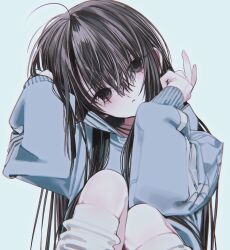 Rule 34 | 1girl, ahoge, black hair, expressionless, highres, honjou ruri, honnryou hanaru, knees up, long hair, long sleeves, looking at viewer, original, solo, sweater, upper body