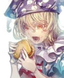 Rule 34 | 1girl, american flag dress, blonde hair, burger, clownpiece, eating, food, food on face, hat, jester cap, jpeg artifacts, long hair, open mouth, red eyes, shirt, short sleeves, simple background, solo, star (symbol), striped, touhou, upper body, white background, zounose