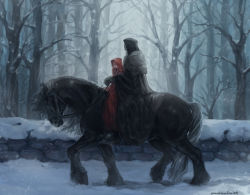 Rule 34 | 1boy, 1girl, bare tree, black cloak, blonde hair, blue eyes, braid, cloak, coat, commentary request, expressionless, forest, fur-trimmed coat, fur trim, highres, horse, horseback riding, looking at viewer, multiple riders, nature, nishiki areku, original, profile, red cloak, red hood, riding, road, signature, snow, snowing, stone wall, tree, twin braids, wall, winter