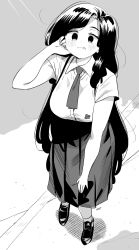 Rule 34 | 1girl, :q, blush, breasts, closed mouth, fingernails, greyscale, tucking hair, highres, large breasts, loafers, long hair, long skirt, looking at viewer, monochrome, necktie, original, pleated skirt, ryusei hashida, school uniform, shoes, short sleeves, skirt, solo, tongue, tongue out