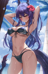 Rule 34 | 1girl, arknights, armpits, arms up, bare arms, bare shoulders, bikini, blue bikini, blue hair, blue sky, blush, breasts, ch&#039;en (arknights), ch&#039;en the holungday (arknights), ch&#039;en the holungday (elite ii) (arknights), cloud, collarbone, commentary, cowboy shot, day, docozi, dragon horns, dragon tail, flower, front-tie bikini top, front-tie top, hair flower, hair intakes, hair ornament, highres, horns, large breasts, long hair, multi-strapped bikini, navel, outdoors, red eyes, sidelocks, sky, solo, standing, stomach, swimsuit, tail, thighs, tree, very long hair, wet