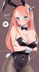Rule 34 | 1girl, aida rayhunton, animal ears, armpit crease, arms under breasts, bare shoulders, black bow, black bowtie, black leotard, blush, bow, bowtie, breasts, campbell xx, cleavage, closed mouth, commentary request, covered navel, crossed arms, detached collar, embarrassed, fake animal ears, fake tail, fishnet pantyhose, fishnets, green eyes, grey background, gundam, gundam g no reconguista, hair ornament, heart, highleg, highleg leotard, highres, large breasts, leotard, long hair, looking at viewer, milestone celebration, orange hair, pantyhose, playboy bunny, rabbit ears, rabbit tail, simple background, solo, spoken squiggle, squiggle, strapless, strapless leotard, sweatdrop, tail, white wrist cuffs, wrist cuffs