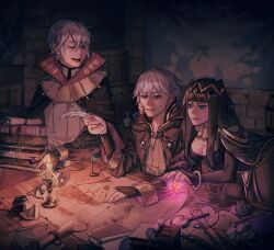 Rule 34 | 1girl, 2boys, black hair, book, breasts, bridal gauntlets, candle, cape, cleavage, fire emblem, fire emblem awakening, grey hair, henry (fire emblem), highres, holding, holding quill, magic, map, medium breasts, multiple boys, nintendo, quill, ra sunflower, robin (fire emblem), robin (male) (fire emblem), sweatdrop, table, tharja (fire emblem), tiara, white hair