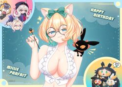 4girls :o absurdres ahoge animal_ear_fluff animal_ears aqua_eyes aqua_hair aqua_nails black_hair blank_eyes blonde_hair blush bow breasts cat_ears character_name chibi chibi_inset cleavage colored_inner_hair dot_nose famillie_(millie_parfait) folded_ponytail fork grey_hair grin hair_between_eyes hair_bow half-closed_eyes hand_to_own_mouth happy_birthday hat head_wings highres holding holding_fork kammuy large_breasts looking_at_viewer lucie_(millie_parfait) medium_hair millie_parfait millie_parfait_(4th_costume) mimikaki multicolored_hair multiple_girls navel nijisanji nijisanji_en parted_lips partially_unbuttoned party_hat red_eyes smile smirk sparkle teardrop-framed_glasses virtual_youtuber wide-eyed wings zuttomo_(nijisanji)