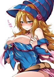 Rule 34 | 1girl, absurdres, bare shoulders, blonde hair, blue hat, blush, blush stickers, breasts, choker, cleavage, dark magician girl, duel monster, green eyes, hair between eyes, hat, highres, large breasts, long hair, pentacle, pentagram, solo, struggling, trista (makkoivenus), undersized clothes, wizard hat, yu-gi-oh!, yu-gi-oh! duel monsters