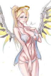 Rule 34 | 1girl, absurdres, babydoll, bare arms, blonde hair, blue eyes, blush, breasts, character name, cleavage, closed mouth, collarbone, covered erect nipples, covering crotch, covering privates, cowboy shot, eyelashes, fingernails, front-tie top, halo, high ponytail, highres, jewelry, large breasts, lingerie, long fingernails, long hair, looking at viewer, mechanical halo, mechanical wings, mercy (overwatch), multi-strapped panties, necklace, nipples, overwatch, overwatch 1, panties, parted bangs, pendant, ponytail, ring, ring necklace, see-through, signature, simple background, smile, solo, sweat, tsuki no i-min, underboob, underwear, underwear only, white background, white panties, wings, yellow wings