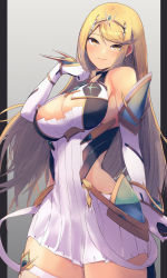 Rule 34 | 1girl, bare shoulders, barefoot, blonde hair, breasts, circlet, cleavage, closed mouth, dress, earrings, elbow gloves, gloves, grey background, highres, jewelry, large breasts, long hair, looking at viewer, mythra (xenoblade), sleeveless, sleeveless dress, smile, solo, white dress, white gloves, xenoblade chronicles (series), xenoblade chronicles 2, yatai (ya2taic), yellow eyes
