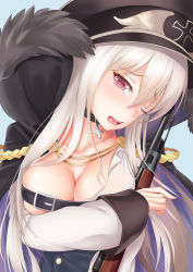 Rule 34 | 1girl, bolt action, breasts, choker, cleavage, cross, fur trim, girls&#039; frontline, gun, hat, highres, iron cross, kar98k (girls&#039; frontline), large breasts, long hair, looking at viewer, mauser 98, one eye closed, red eyes, rifle, saliva, solo, weapon, white background, yuunagi (0217)