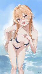 Rule 34 | 1girl, aisaka taiga, arm behind back, bikini, blonde hair, blue bikini, breasts, brown eyes, collarbone, commission, fang, gluteal fold, groin, hand on own chest, highres, leaning forward, long hair, looking at viewer, micro bikini, navel, ocean, open mouth, ryudraw, second-party source, signature, sky, small breasts, solo, standing, string bikini, swimsuit, teeth, thigh gap, thighs, toradora!, upper teeth only, v-shaped eyebrows
