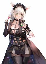 Rule 34 | 1girl, absurdres, animal ears, belt, black choker, black coat, black hairband, black skirt, blush, boots, breasts, choker, cleavage, coat, dango, fictional persona, final fantasy, final fantasy xiv, fingerless gloves, food, gloves, gradient hair, green eyes, grey hair, grey skirt, hairband, highres, holding, holding food, huge filesize, jewelry, kuza brs, large breasts, looking at viewer, multicolored hair, partially fingerless gloves, sanshoku dango, signature, simple background, skirt, smile, solo, thigh boots, thighhighs, two-tone hair, two-tone skirt, wagashi, warrior of light (ff14), white background, white hair