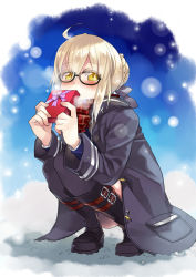 Rule 34 | 1girl, ahoge, artoria pendragon (all), artoria pendragon (fate), black footwear, black thighhighs, blonde hair, blush, boots, braid, coat, covered mouth, duffel coat, fate/grand order, fate (series), full body, gift, glasses, hair bun, holding, holding gift, knee boots, knees together feet apart, looking at viewer, mysterious heroine x alter (fate), mysterious heroine x alter (first ascension) (fate), open clothes, open coat, plaid, plaid scarf, red scarf, rori chuushin, saber (fate), scarf, semi-rimless eyewear, sidelocks, single hair bun, snow, solo, squatting, thighhighs, under-rim eyewear, yellow eyes