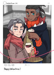 Rule 34 | 2boys, alternate costume, black eyes, black hair, black hoodie, blush, border, bright pupils, brown coat, buttons, closed mouth, coat, coffee cup, commentary request, creatures (company), cup, dark-skinned male, dark skin, disposable cup, earrings, game freak, happy valentine, heart, heart print, highres, holding, holding cup, hood, hood down, hoodie, jewelry, kabu (pokemon), long sleeves, male focus, multiple boys, nintendo, nyoripoke, pokemon, pokemon swsh, raihan (pokemon), scarf, short hair, smile, undercut, white border, white pupils