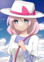 Rule 34 | 1girl, blue eyes, blue sky, closed mouth, cloud, cloudy sky, commentary request, creatures (company), game freak, hair between eyes, hat, long sleeves, looking at viewer, medium hair, mole, mole under eye, nintendo, pink hair, pokemon, pokemon bw2, shirt, sky, smile, solo, white hat, white shirt, yancy (pokemon), yuuki510510